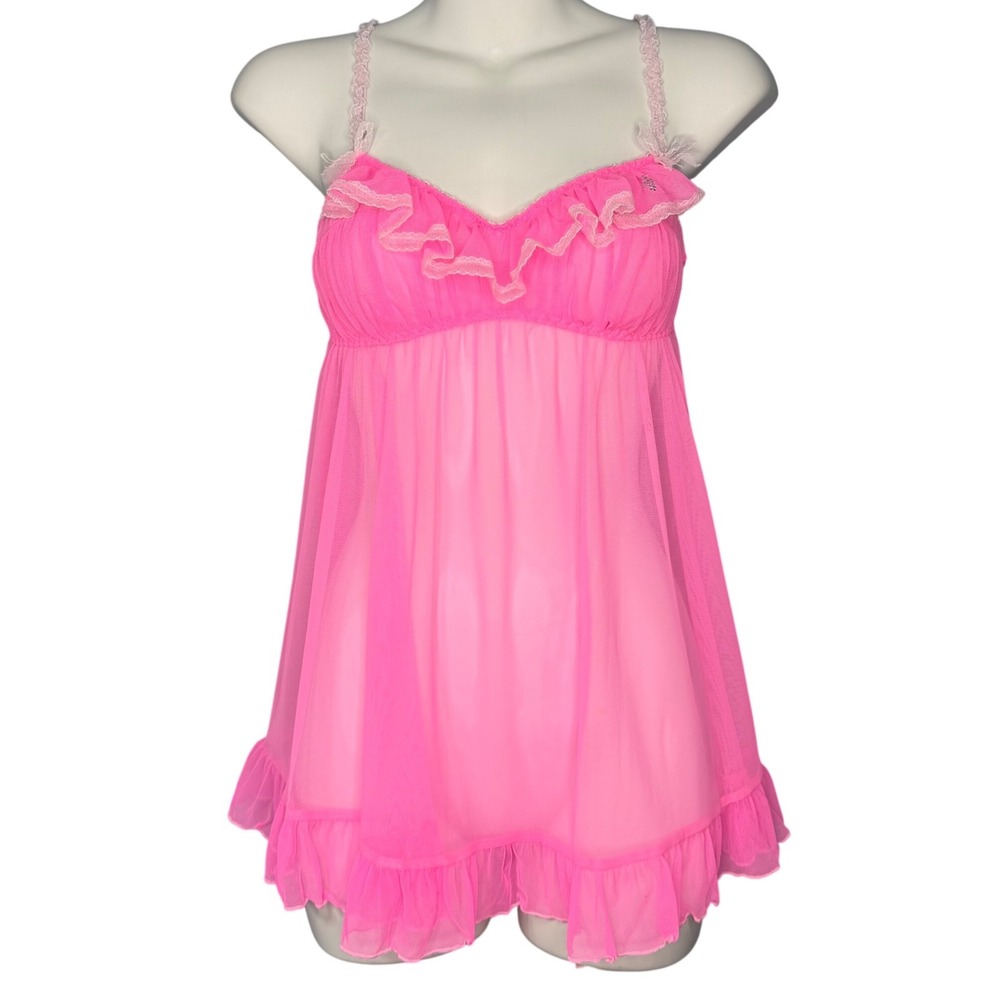 Victoria's Secret S Sheer Ruffle Babydoll Dress Lace Rhinestone Neon Pink